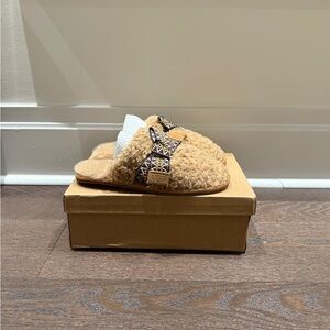 UGG Camel Fuzzy Slippers with Patterned Straps